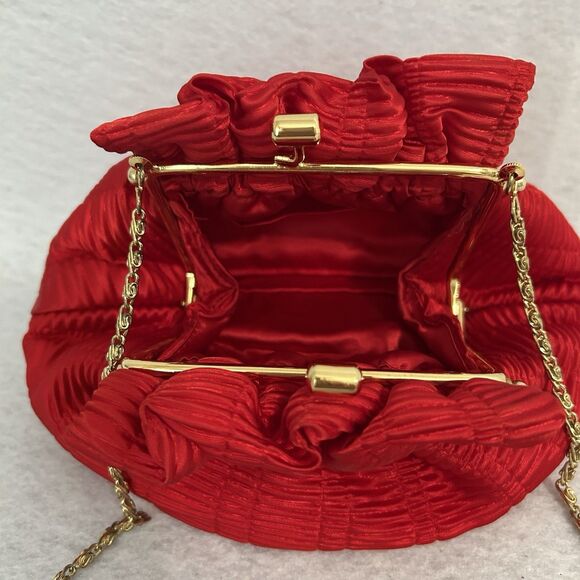 Bechamel Purse Women Red Silky Crossbody Fabric Gold Metal Trim Strap Formal Vtg - Picture 5 of 9